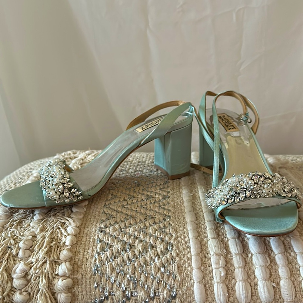 Badgley Mischka blue block heel sandal embellishment detail